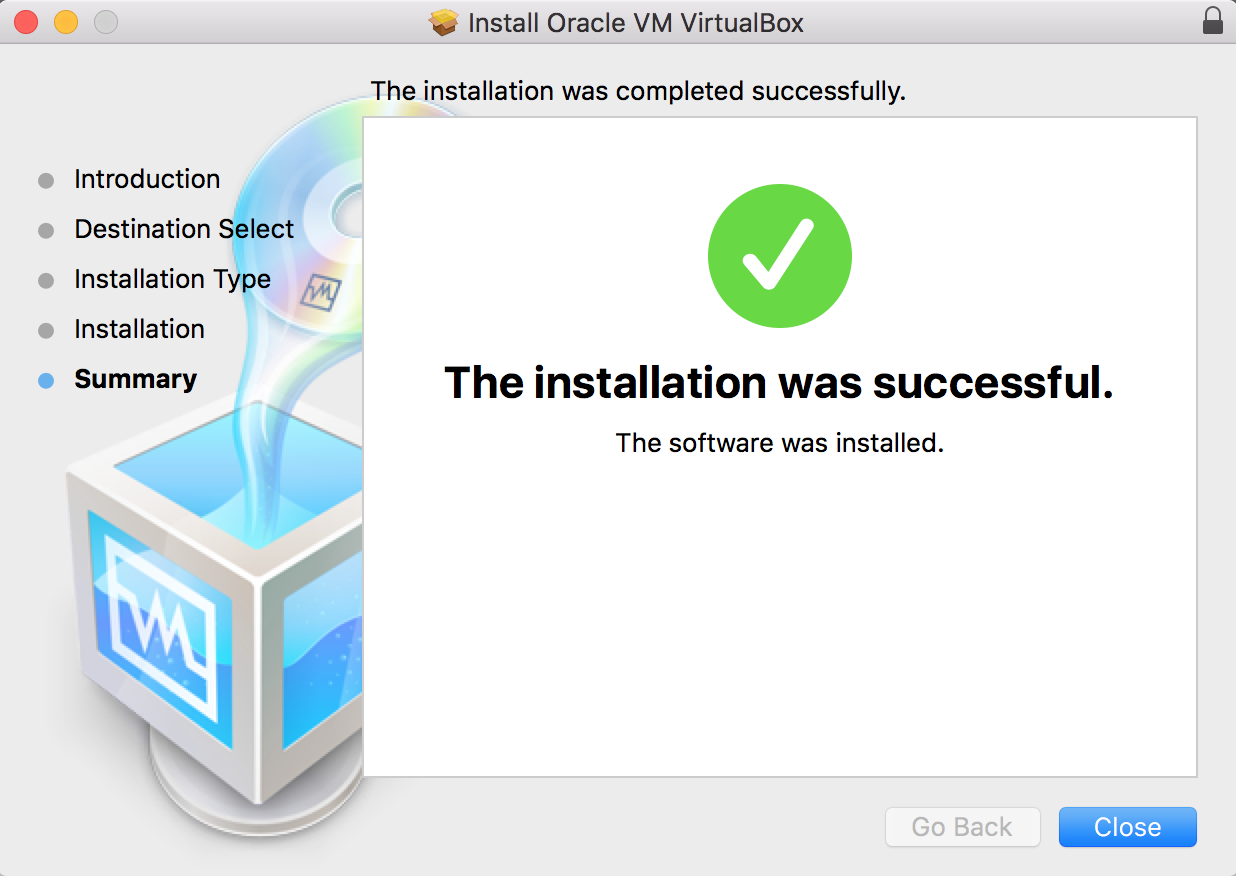 VirtualBox Installation Complete Message VirtualBox Installation Complete Message